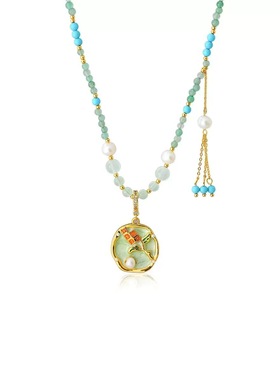 新款珍珠女串珠花朵吊坠项链绿新中式国风复古滴釉颈链批发代发