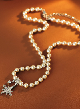 施家珍珠六芒星项链女轻奢小众雪花毛衣链秋冬高级感百搭颈链批发