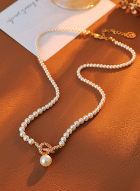 真金电镀珍珠款锆石打结吊坠项链精致时尚轻奢高级感批发一件代发