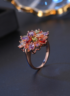 七彩色水晶锆石戒指女首饰品花朵
