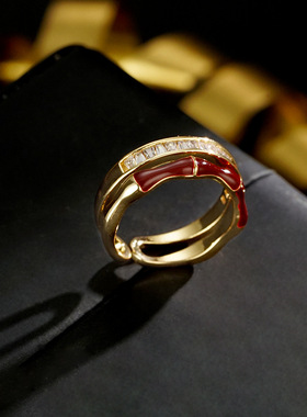 网络爆款安哥拉红竹节锆石双层戒指小众设计高级感气质百搭戒指