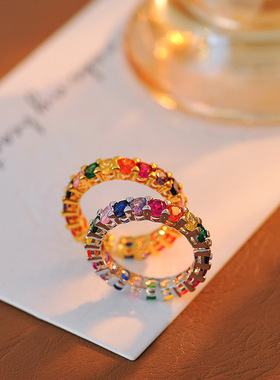 韩版彩色锆石指环潮小众轻奢设计高级感糖果色彩虹戒指批发代