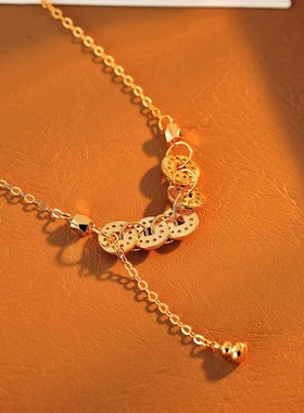 鱼鳞碎碎冰五铜钱吊坠女套链铜镀金色项链流苏招财批发代发