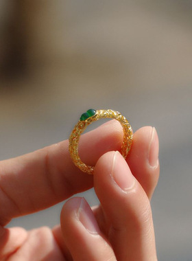 新中式宫廷风和田玉髓古法传承纯银镀18K金包银戒指女指环不褪色