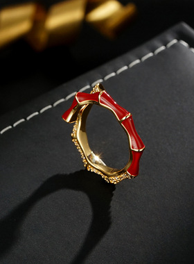 2024新款安可拉红镶钻竹节开口可调节戒指小众设计轻奢戒指批发