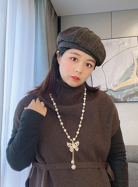 小香风长款蝴蝶水晶钻珍珠项链