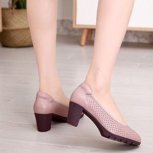 柜雅氏女皮鞋2024年春夏新款镂空单鞋浅口圆头粗跟真皮软底高跟鞋