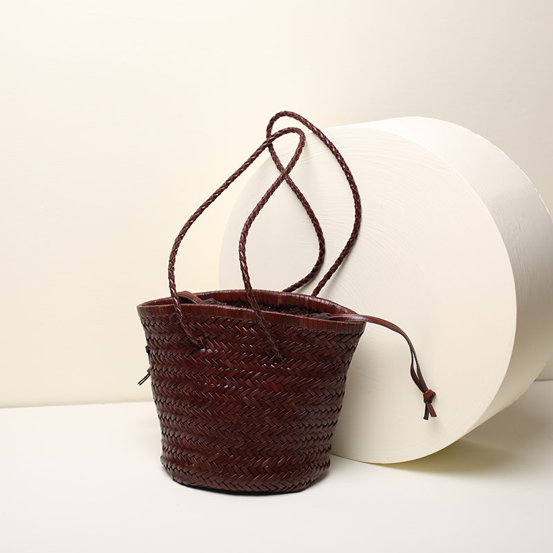 小众法式复古手工头层牛皮真皮编织包包水桶小包单肩包菜篮子包包,淘宝优惠券,粉丝福利购,淘宝优惠卷