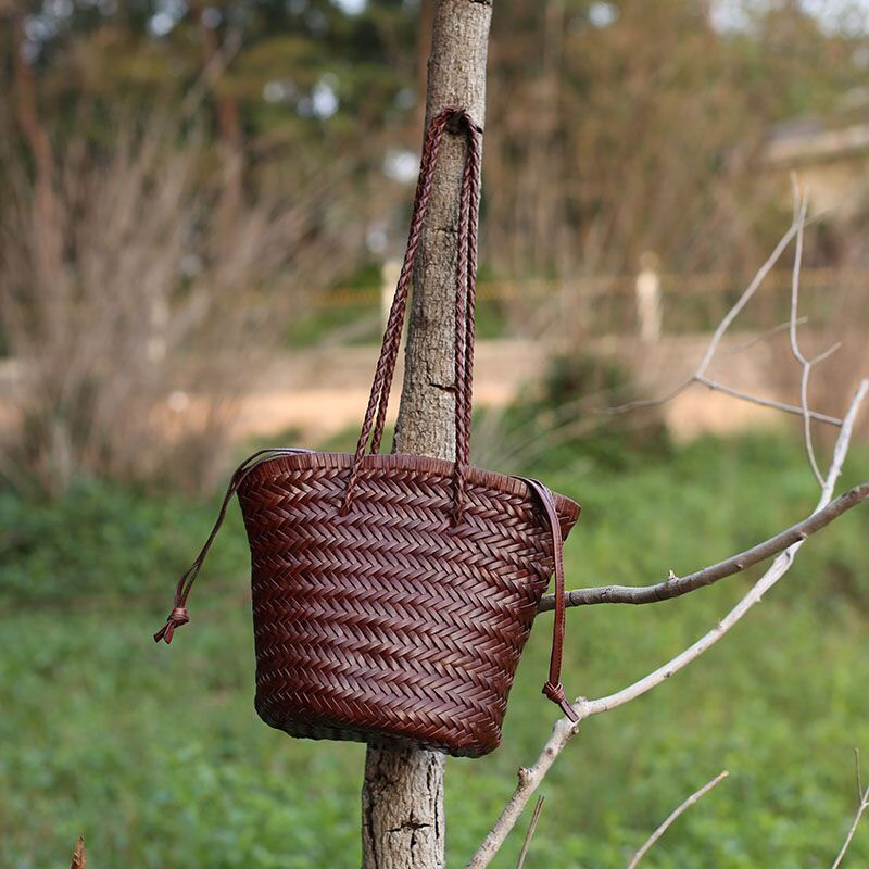 小众法式复古手工头层牛皮真皮编织包包水桶小包单肩包菜篮子包包,淘宝优惠券,粉丝福利购,淘宝优惠卷