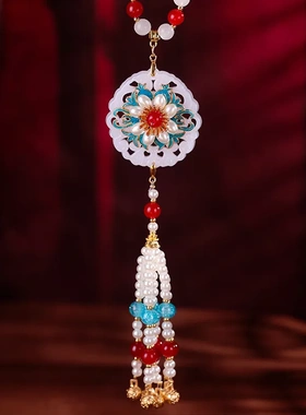 新中式国风烧蓝精致长款流苏项链