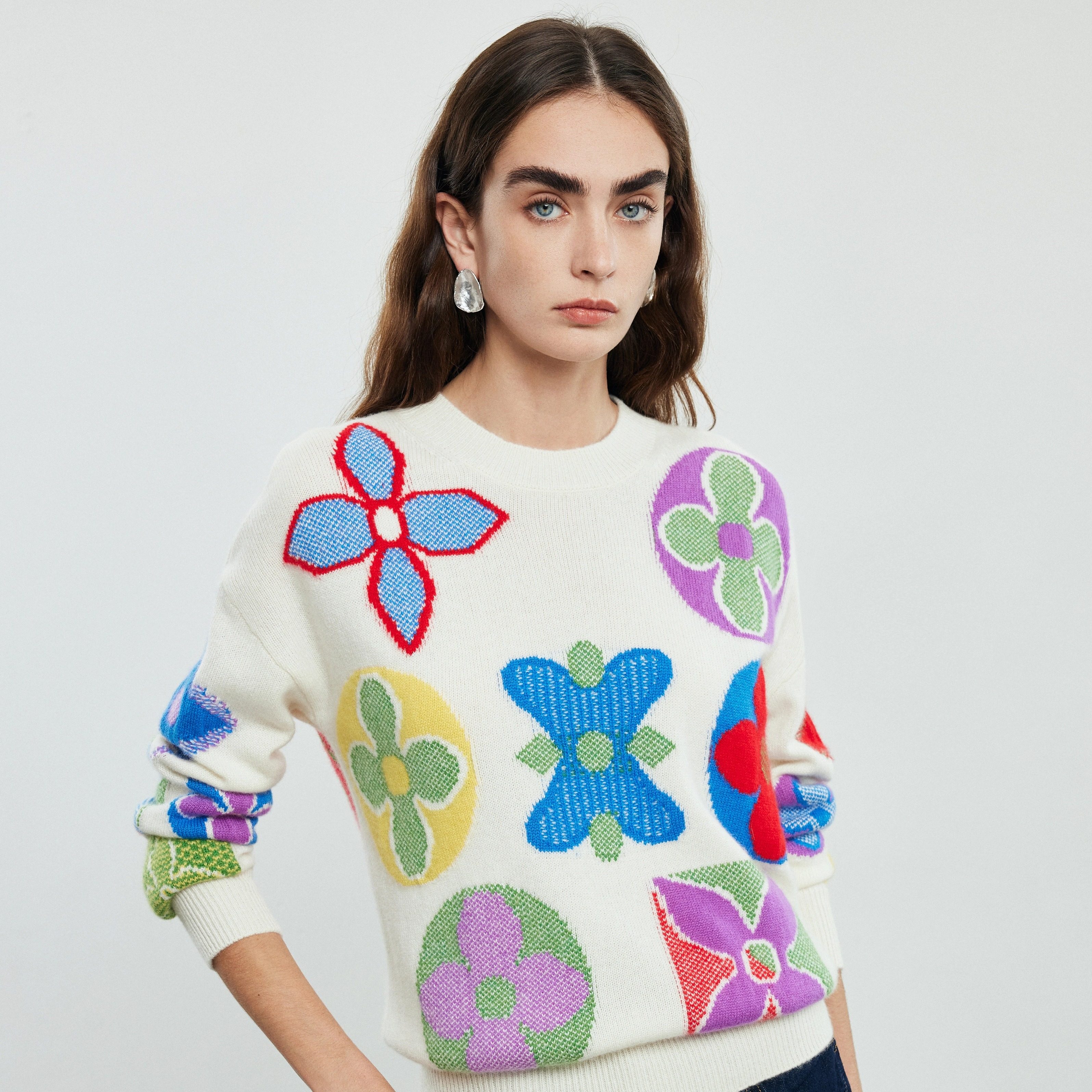 帕罗100%纯羊绒秋冬软糯圆领长袖提花宽松打底衫针织百搭毛衣女,淘宝优惠券,粉丝福利购,淘宝优惠卷