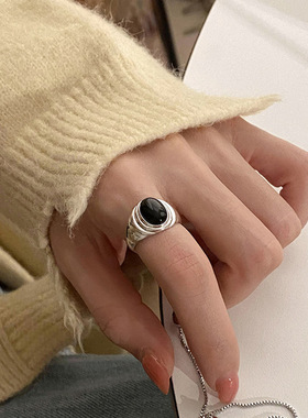 饰尚e族黑色仿玉石戒指女椭圆时尚个性气质简约开口指环法