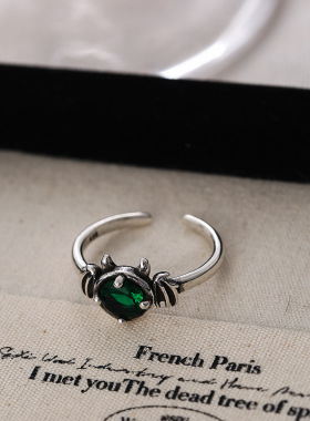 饰尚e族小恶魔戒指女祖母绿锆石精致百搭S925镀银开口指环做旧时
