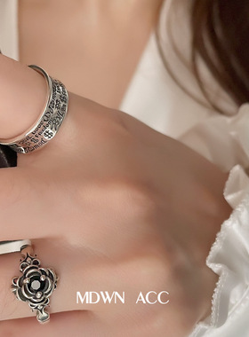 韩版甜酷设计字母戒指女复古时尚紫荆花朵开口指环嘻哈食指戒