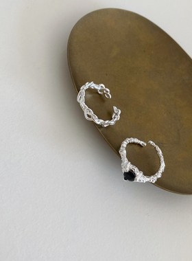 饰尚e族编织爱心戒指女熔岩不规则黑色锆石开口指环叠戴嘻