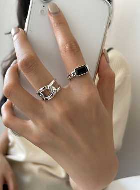 韩版个性黑色方形戒指女复古时尚个性镂空几何指环食指戒潮