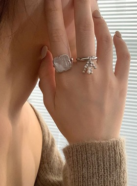 饰尚e族甜美叠戴珍珠流苏吊坠戒指女几何方块白色锆石开口指环个