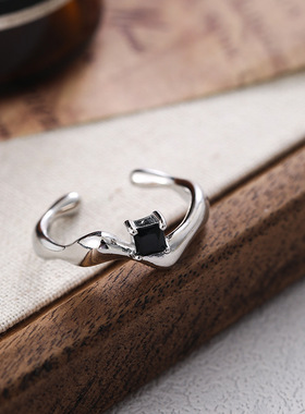 饰尚e族几何不规则波浪戒指女简约黑色锆石S925镀银开口指环百搭