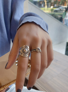 饰尚e族韩国重工复古夸张宽版戒指女个性嘻哈几何蹦迪开口食