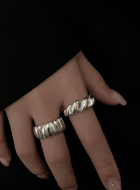 饰尚e族竖纹几何齿轮戒指女复古时尚重工牛角包开口指环麻