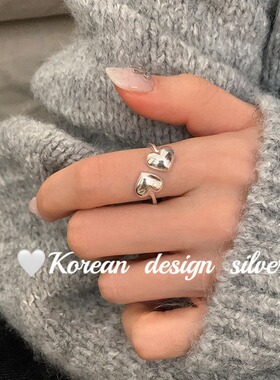 饰尚e族简约双爱心戒指女时尚个性百搭甜酷开口指环几何心形个性