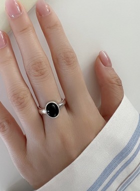 饰尚e族黑色椭圆锆石戒指女简约时尚冷淡风气质优雅开口指