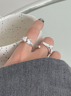 欧美纹理质感银戒指ins镂空开口