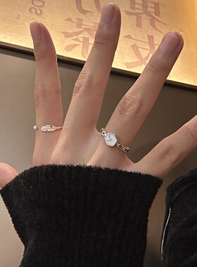 甜酷羽毛戒指女百搭叠戴气质轻奢链条手表开口指环ins风食指戒潮