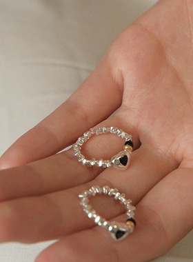 饰尚e族黑色桃心戒指女几何碎银不规则弹力S925指环百搭创意甜酷