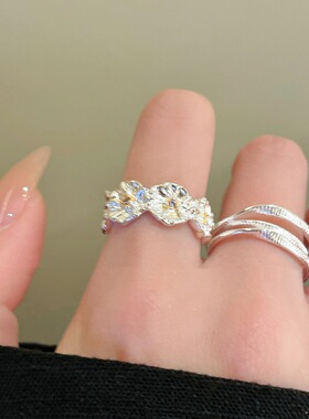 甜酷叠戴花朵戒指女几何多层不规则褶皱开口指环网红个性食指戒潮