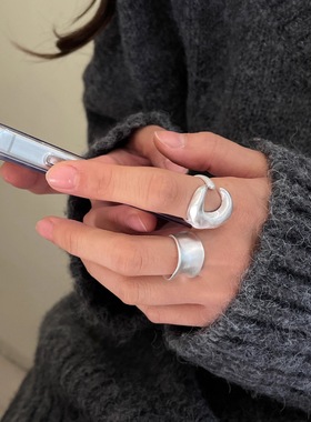 饰尚e族磨砂哑光戒指女几何宽边月牙百搭叠戴开口指环甜酷网红气