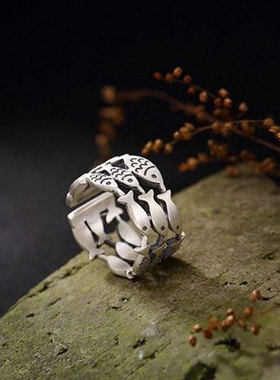 饰尚e族韩国戒指女复古泰银做旧指环气质三层小鱼开口环可