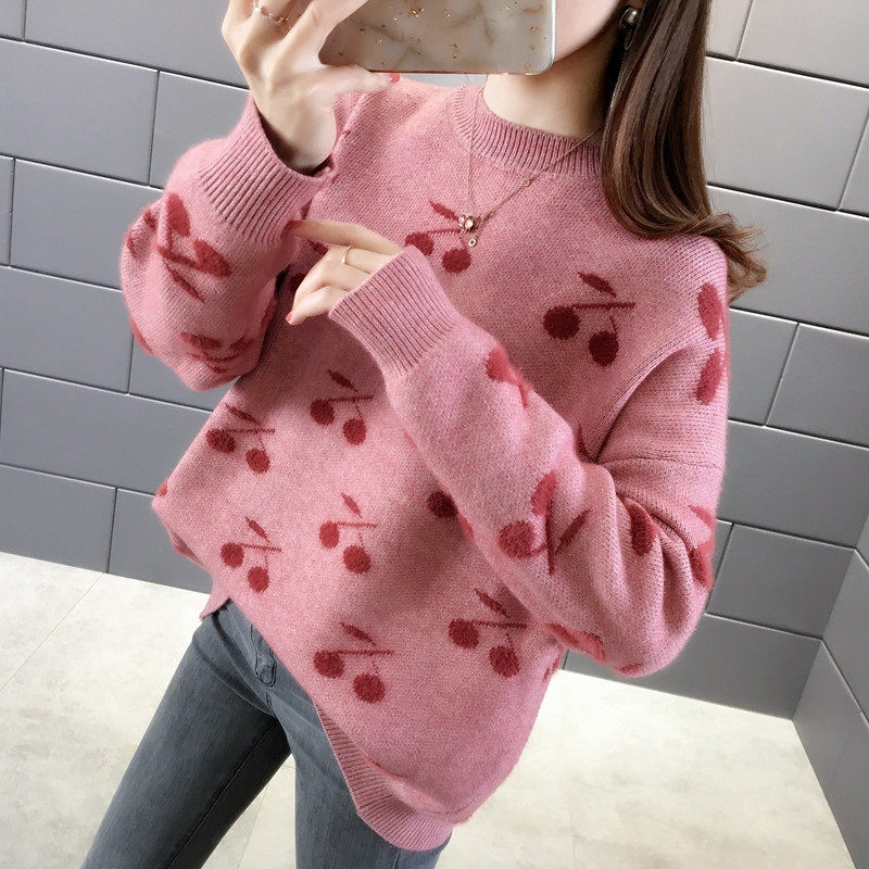 2020秋冬装樱桃长袖宽松韩版针织衫 邻家思语毛衣