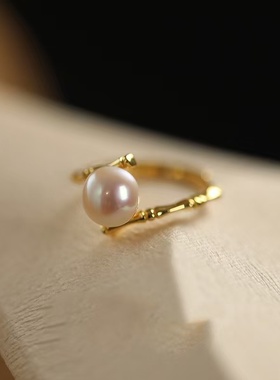 925银珍珠竹节戒指2025新款小众设计高级感开口可调节指环女