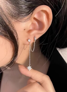 s925纯银六芒星双耳洞耳钉女耳环耳饰耳扣流苏简约2025年潮流