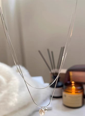 s925纯银简约双层叠戴珍珠项链轻奢小众高级感气质锁骨链生日礼物