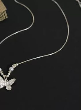 s925纯银蝴蝶吊坠碎银珍珠项链新款2025爆款小香风锁骨链女高级感