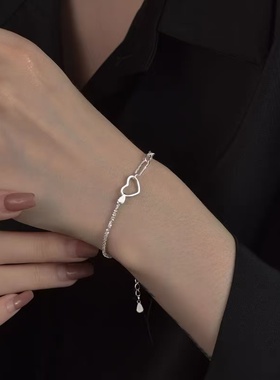 S925纯银手链女满天星爱心环扣ins小众设计夏小清新女生闺蜜手饰