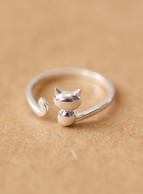 s925可爱猫咪配饰防过敏开口戒指