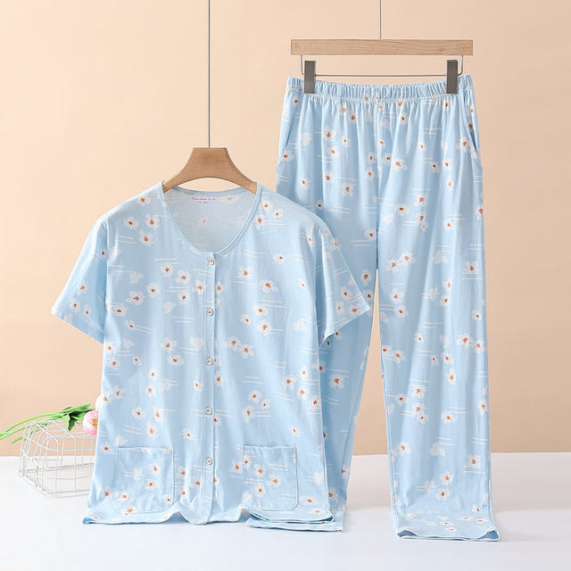 Cardigan ຝ້າຍບໍລິສຸດຂອງແມ່ຍິງ, ຊຸດນອນແຂນສັ້ນ, ຊຸດນອນ, ເຄື່ອງນຸ່ງຜ້າຝ້າຍໃນບ້ານອາຍຸກາງແລະຜູ້ສູງອາຍຸ, ເສື້ອຍືດຂອງແມ່, ເສື້ອຍືດໃນລະດູຮ້ອນ.