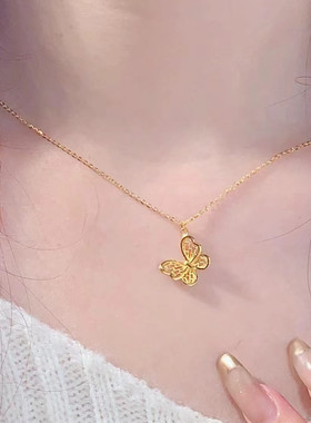 新款古法黄金色花丝蝴蝶项链女高级感轻奢小众设计气质百搭锁骨链