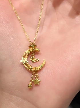 新款古法黄金色星月蝴蝶项链女高级感轻奢小众设计气质百搭锁骨链