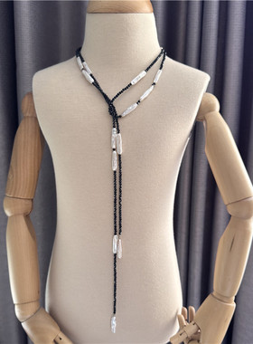 天然小银条珍珠项链黑尖晶石首饰