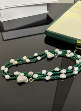 异形珍珠长项链女绿色首饰女百搭