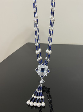 青金石毛衣链女多层首饰轻奢珍珠