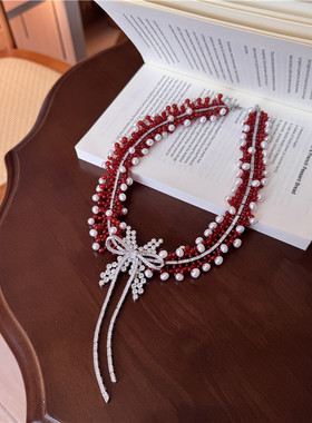 法式蝴蝶结红玛瑙淡水珍珠锁骨链