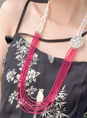 天然珍珠设计款多层玫红系毛衣链