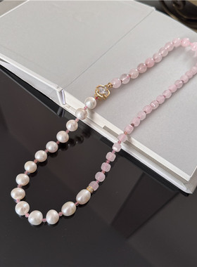 天然淡水珍珠项链小众设计粉晶石