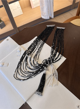轻奢多层流苏项链天然珍珠黑尖晶