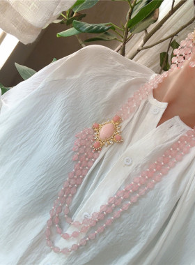 天然粉晶石镶嵌珍珠项链耳环套装